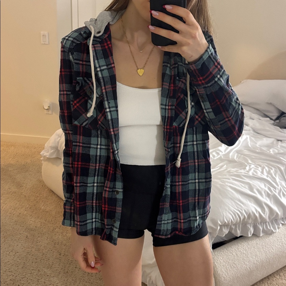 Forever 21 Multicolor Plaid Hooded Jacket shacket flannel removable turquoise